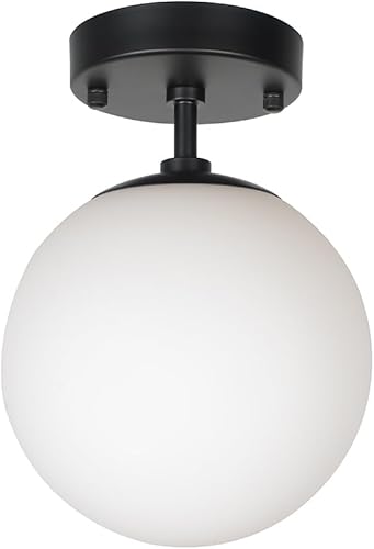 Beuhouz - Lámpara de techo semiempotrada con forma de globo, de metal negro de mediados de siglo, con pantalla redonda de vidrio blanco, 1 luz E26 disponible en Yaxa Peru