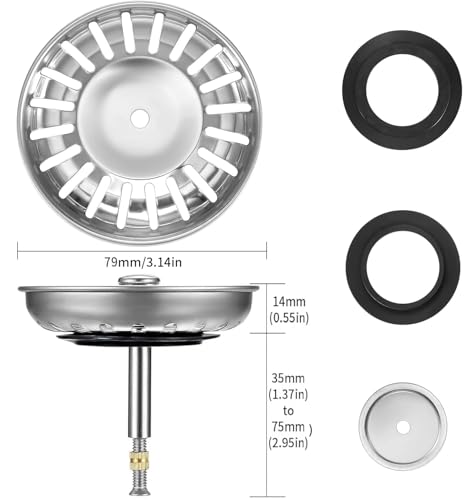 HUAERSICO Küchenspüle Abflussstopfen mit sieb Ø 79/80 mm, Spülbecken stöpsel für Knopfsteuerung, Siebkörbchen und Abflusssieb, Blanco spüle zubehör, Für Ablauf ab 80 mm, 2 Ersatz siebkorbdichtung