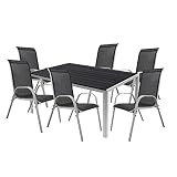 Mojawo 7er Set Alu Silber Gartenmöbel Gartengarnitur Polywood 150x90x74cm + 6 Stapelstühlen Textilen