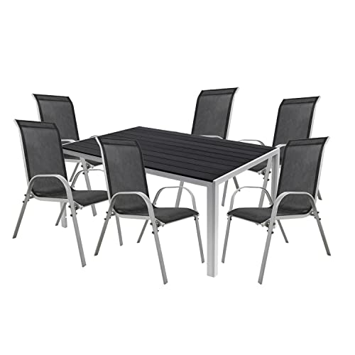 Mojawo 7er Set Alu Silber Gartenmöbel Gartengarnitur Non Wood 150x90x74cm + 6 Stapelstühlen Textilen
