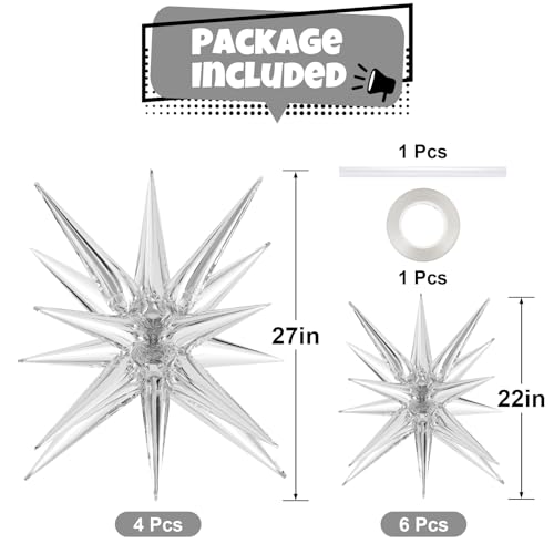 TOTAFAM 10 Pcs Star Balloons Explosion Balloons Foil Cone Balloon Magic for Birthday Wedding Anniversary Party Backdrops Decorations Supplies, 6 Pcs 22 Inches and 4 Pcs 27 Inches Silver by TOTAFAM - Image 2