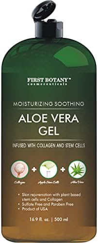 First Botany, Pure Aloe vera gel 100% Fresh Pure Aloe Infused with Stem Cells, Collagen Tea Tree Oil Natural Raw Moisturizer for Face Skin Body Hair Perfect for Sunburn, Acne, Razor Bumps 16.9 fl oz