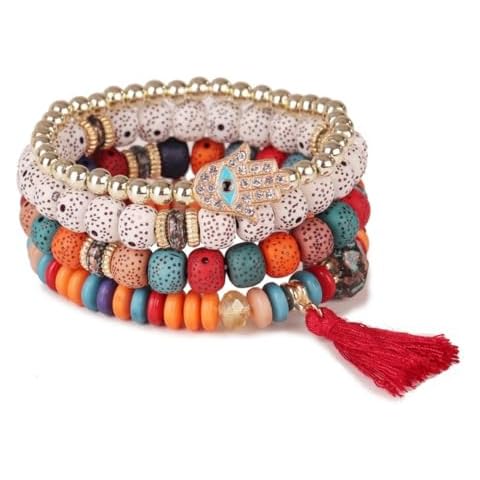 JOYA GIFT 6 Pairs Bohemian Rice Bead Tower Bracelet Set Pink White Feather Fringe Bracelet Red Devil's Eye Volcanic Stone Stack Bracelet Jewelry Gifts for Women Cover