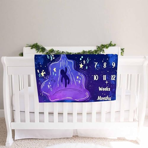 Image of UFO Baby Monthly Milestone Blanket, 48x40in Soft Flannel, Alien Round Spaceship, Newborn Mom Gifts, Baby Shower Age Growth Tracker with Bonus Maker (Purple Blue, 48x40in)