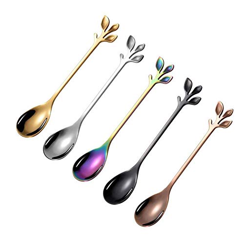 MBB 5 PCs Flatware Leaf Handle Tea Coffee Spoons Desserts Cakes Ice Cream Server Stainless Steel Dinnerware