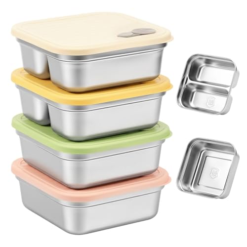 4 Piece Stainless Steel Food Container Set, 304 Stainless Steel and TPE Sandwich Containers with Vented Snap Lock Lids, Dishwasher and Freezer Safe, Stackable for Meal Prep, Travel, Picnics
