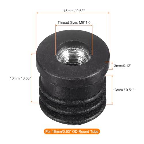 Image of uxcell 4Pcs Plastic Threaded Tube Inserts with M6 Thread, for 16mm /0.63 inch OD Round Tube, Adjustable Round Black Plastic Plug Caster Insert Chair End Caps Furniture Leg Plug