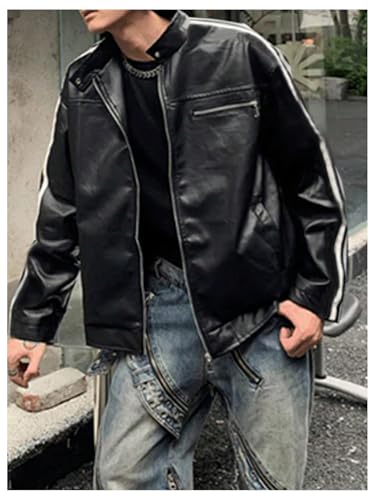 Men's Side Stripe Faux Leather Jacket Zip Up Motorcycle Coats Outerwear Streetwear3