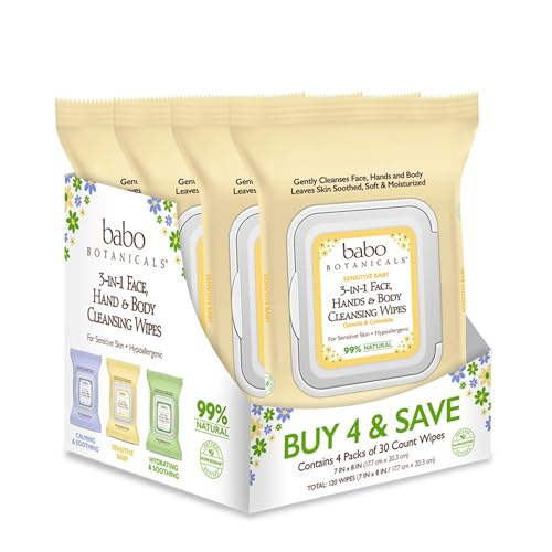 Babo Botanicals Moisturizing 3-in-1 Face, Hand & Body Cleansing Wipes - with Organic Calendula & Natural Oat - For Babies, Kids & Adults with Sensitive or Dry Skin - 30 Count (Pack of 4)