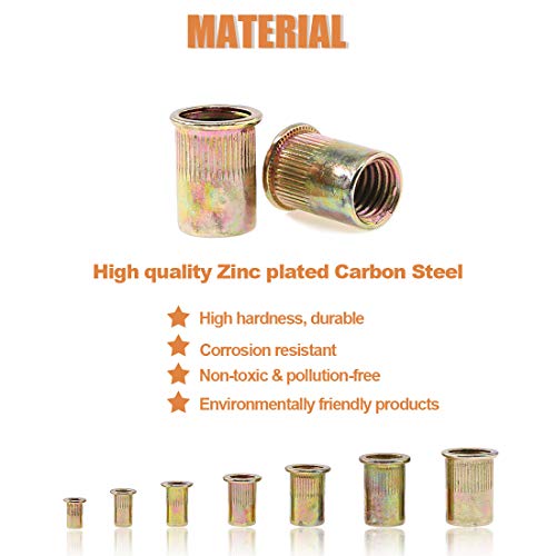 Keadic 140 Stk Nietmuttern Set, Blindnietmuttern, Flachkopf Gewindehülsen Einschraubmutter Sortiment, Kohlenstoffstahl Farbzink Einnietmuttern - M3/M4/M5/M6/M8/M10