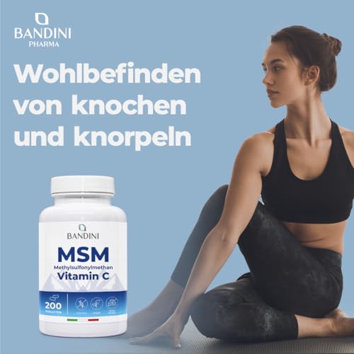 Bandini® MSM - 2000mg mit 40mg VITAMIN C pro Tagesdosis - Kompakteres Methylsulfonylmethan Pulver als bei Kapseln - Ohne Magnesiumstearat, hochdosiert, vegan, ohne Zusätze, laborgeprüft - 200 Tab