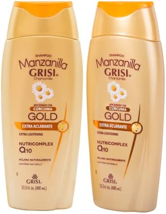 Manzanilla Grisi Gold Extra Lightening Shampoo Cleansing and Extra Lightening with Chamomile Extract and Turmeric Lightens Naturally Soft and Luminous Hair, 2 Pack of 13.5 FL Oz, Bottles, 2 Count
