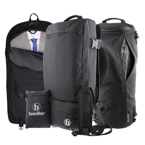 BANFFER- Mochila Portatrajes, Bolsa Viaje Negra, Porta Trajes Viaje Hombre, Convertible 2 en 1 para Traje Hombre, Equipaje de Mano con Banda Reflectante, Funda Impermeable, Roll-Up Garment Bag, Regalo