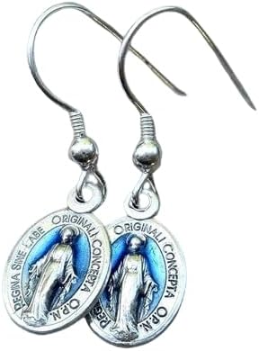 Pendientes de medalla milagrosa, medalla milagrosa latina de media pulgada, aretes de Nuestra Señora de Gracia, aretes de gancho de plata esterlina,