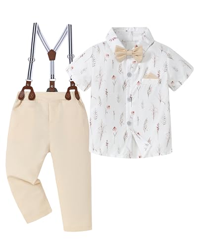 CARETOO Toddler Boy Easter Outfit 4t Valentines Day Ring Bearer Shirt Bowtie Suspender Pants Baby Dress Clothes Baptism Christmas Suit Set Boys Formal Church Ropa de Nio de 4 Aos 3-4T