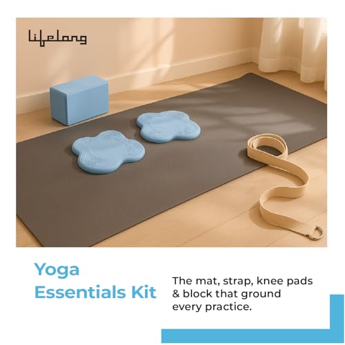 Image of Lifelong Yoga combo set of 5 For Men And Women I 4mm Yoga mat, 6ft Belt, Yoga block, 2 Knee Pad