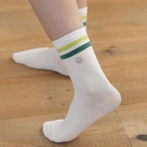Image of Womens Solid Color Two Stripe Crew Socks Casual Athletic Smiling Face Ankle Socks for women Girls
