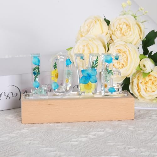Image of Floral Letter LED Night Light: Resin Dried FlowerLetters Lamp with USB - Handmade Pressed Flower Nightlight Unique Customized Gift for Home Decoration (TP-Blue Flower, 1)