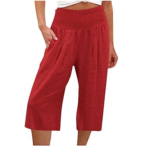 Women's Wide Leg Capri Pants Cotton Linen Smocked High Waist Capris Pants Lightweight Cropped Trousers with Pockets