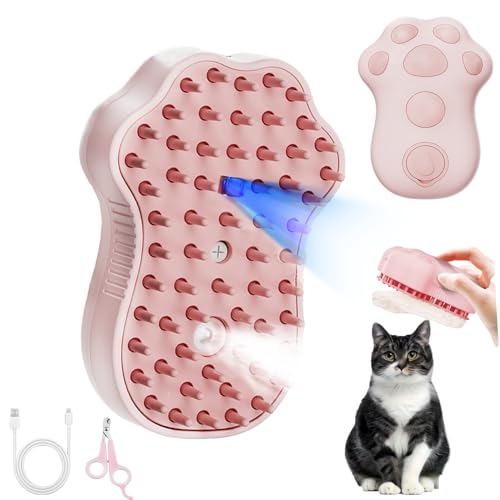 Cat Steam Brush,4 in 1 Spray Cat Brush, Pets Grooming Brush for Shedding, Portable Pet Hair Removal Tool For Cats and Dogs, Pets Steamy Brush,Pink