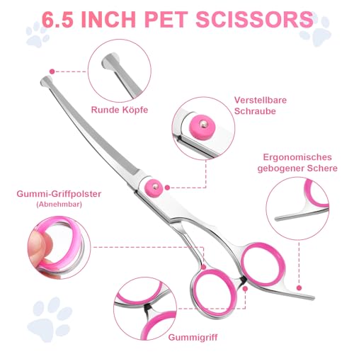 Jostift Hunde Scheren, Gebogene Schere Hund Fellschere Für Hunde und Katzen, Profi Runder Grooming Hundeschere, Edelstahl Fellschere Hundepflege-Schere für Katze und Anderen Haustieren, Rosa