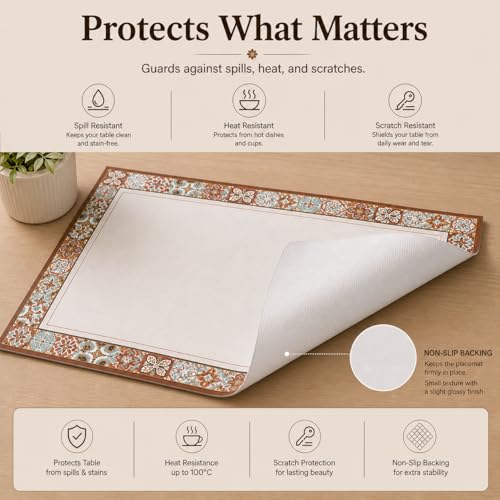 Image of Premium Leather Dining (Pack of 4) Placemats - Waterproof, Heat Resistant, Non-Slip Table Mats for Kitchen & Dining (Brown Portico Tile)