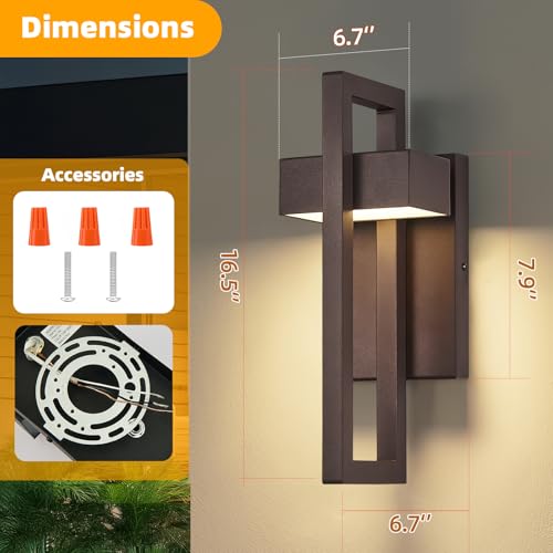 Image of tewei 16.5'' Modern LED Outdoor Wall Sconce, Integrated LED Outdoor Light Fixtures Wall Mount Exterior Lights, Brown Front Porch Outside Lighting for House, Backyard, Warm White 3000K, 1 Pack