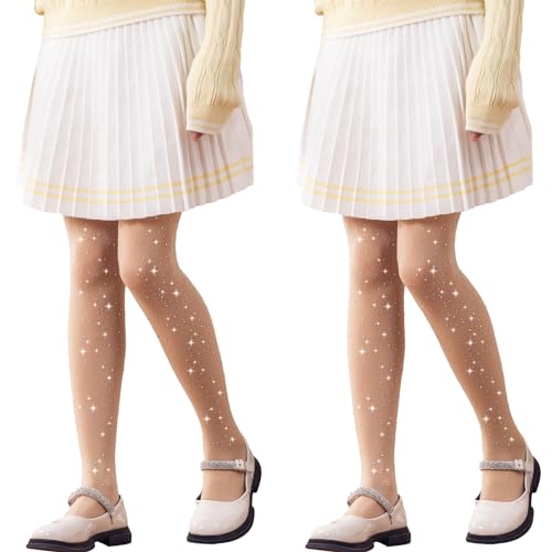 LOLANTA Girls Stockings 1/2 Pack Sparkle Tights Kids Stretchy Rhinestone Glitter See-through Pantyhose for 6-12Y