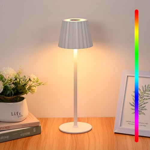 Diealles Shine Lampara De Mesa Inalambrica, Lampara LED Recargable 3000K+RGB, Lamparas De Mesa Sin Cable 4000mah Batería, Táctil Regulable Lamparas Para Restaurante Dormitorio Bares(Blanco)