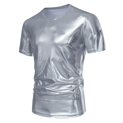 Reloj de manga corta para hombre, informal, manga corta, brillante, manga corta, camiseta de tirantes para hombre, plata, L