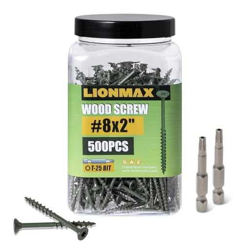 Image of LIONMAX Deck Screws 2 Inch, Wood Screws #8 x 2, 500 PCS, Rust Resistant, Exterior Epoxy Coated, Outdoor Decking Screws, Torx /Star Drive Head Screw, T25 Star Bit Included, Green