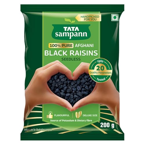 Tata Sampann 100% Pure Afghani Black Raisins Seedless/Kali Kishmish, Kali Draksh, Dry Fruits, Flavourful & Delicious Snack, Source of Potassium & Dietary Fibre, 200 g