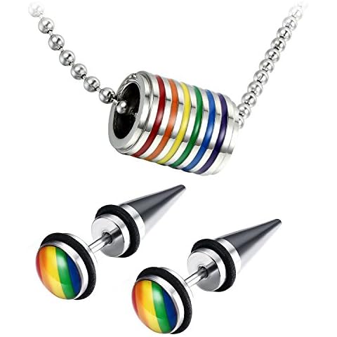 Assorted Gay Lgbt Pride Rainbow Pendant Necklace,2pcs 8MM Punk Rock Rivet Earring Studs,Hypoallergenic Cover