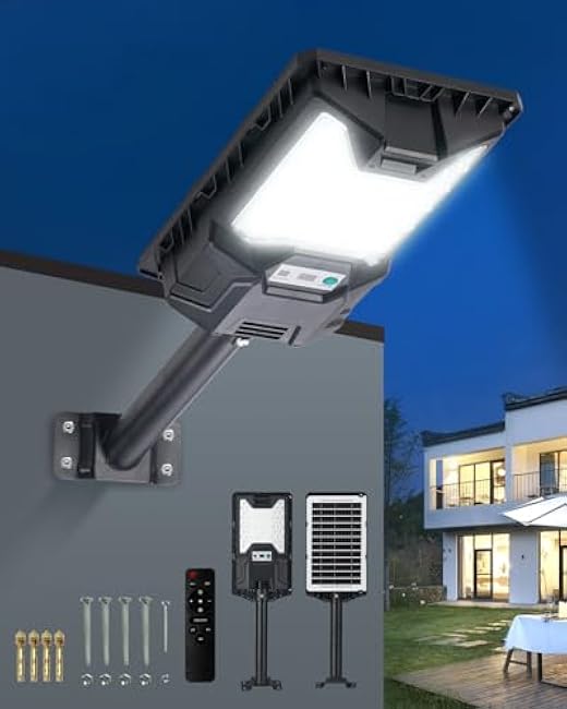 Solar Street Light Outdoor, 20000LM 6500K Waterproof Motion Sensor LED Solar Powered Flood Light with Remote Control,Dusk to Dawn Commercial Area Lighting for Outside Parking Lot, 4-Pack