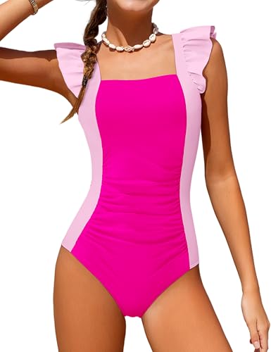 Image of Girls Swimsuit Ruffle Solid One Piece Bathing Suits 7-18 Years | Teen Bathing Suits for Girls Ruched Sleeveless Girls' Swimwear
