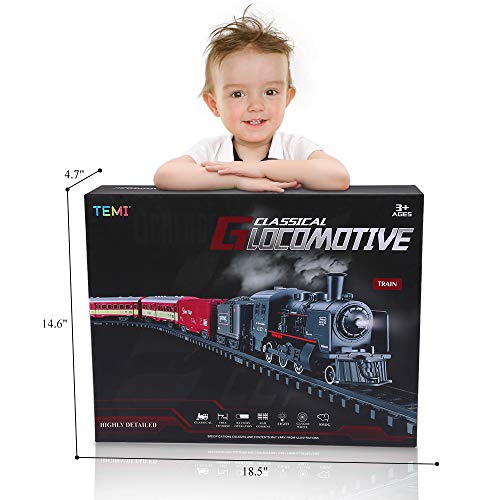 Temi Electric Classical Train Set With Steam Locomotive Engine, Cargo Car And Long Track, Battery Power Play Set W/Smoke, Light And Sounds, For Boys & Girls 3 4 5 6 7 Years #TOP6