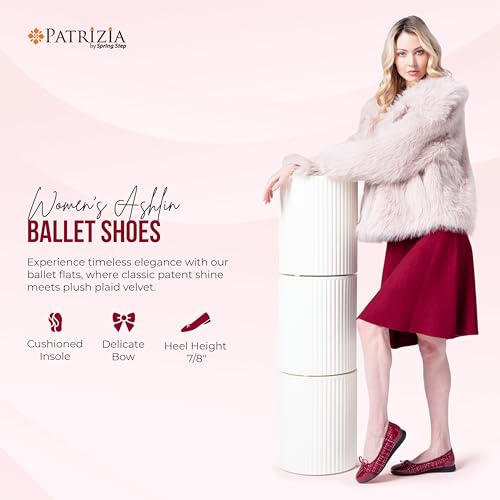 PATRIZIA Women’s Ashlin Ballet Flats - Patent Faux Leather with Plaid Velvet Bow Design - Comfortable Durable TPR Outsole, Small Size Up, Elegant 7/8 Inch Heel4