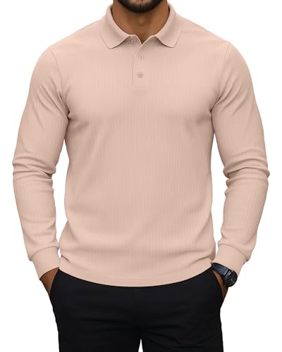 KUYIGO Polo para Hombre de Manga Larga, Ajuste Suelto, Tejido Texturizado, Cuello con 3 Botones, Casual para Uso Diario, Trabajo, Golf y Negocios miniatura 1