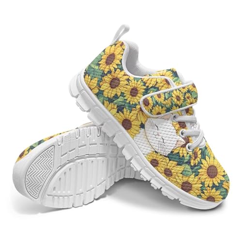 Kids Shoes Running Shoes Girls Boys Primary School Students Sports Shoes Spring and Autumn Casual Shoes Sunflowers Cute White Cat Pattern（White Sole）4