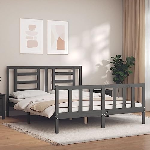 Rantry Estructura de Cama Matrimonio con cabecero Madera Maciza Gris, Base Somier para Adultos, niños y Adolescentes, Fácil Montaje Tipo 2 Camas y somieres