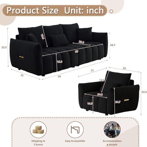 Image of Antetek Teddy Fabric Sofa Set for Living Room, Modern Deep Seat Sofa Chair and Oversized 3-Seater Cloud Boucle Couch for Bedroom, Office, Apartment, Furniture Set, Black (2 Piece)