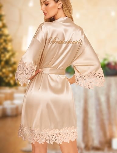 Image of EPLAZA 4 Pcs Bride Robe for Wedding Day Set Bridal Robe with Slippers Lace Trim Wedding Robe for Bridal Bachelorette Party