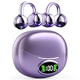 Clip on Headphones,Open Bluetooth 5.4 Earbuds with LED Digital Display Built-in Mic IPX7 Waterproof 50H Playback Sports Bone Conduction Earphones Suitable for Small Ears and Eyeglass Wearers (Purple)