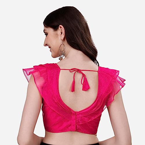 Image of Pujia Mills Women's V Neck Orgenza Three Layer Ruffle Sleeve Frill Readymade Saree Blouse