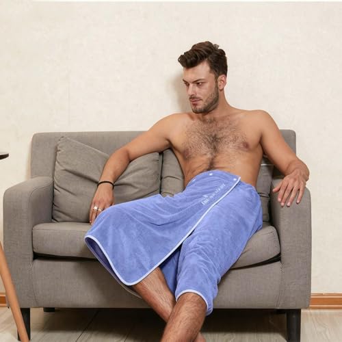 SaunakiltHerrenFrottee,140× 70cm,Saunahandtuch für den Mann,HerrenSauna Frottee Kilt,Frottee Saunakilt mit Knöpfen für Herren,Sauna Kilt mit aufgesetzter Tasche,saunakilt herren mit druckknopf (Blau)