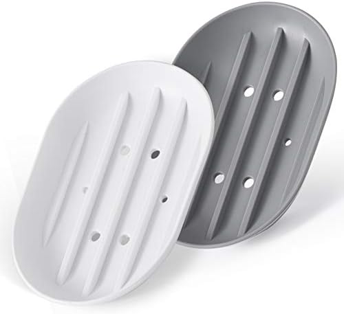 Bathroom Soap Dishes Dish Holder Stand Saver Tray Case for Shower-Silicone Rubber Drainer Dishes for Bar Soap Sponge Scrubber Bathroom Kitchen Sink-Dishwasher Safe-Drains Water,Extends Soap Life,Gray