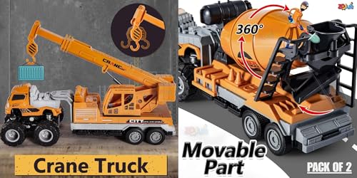 Image of 1:43 Scale Diecast Construction Truck Set [Pack of 2] - Metal Crane Truck & Cement Mixer Toy, Alloy Miniature Vehicles with Friction Power, Birthday Gift for Kids Boys Girls