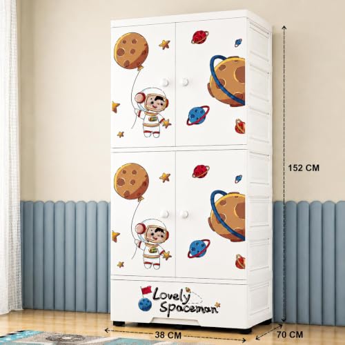 Image of EXVITO Plastic Wardrobe for Cloth with Drawers & Hanging Rod | Baby Cupboard for Clothes Storage | Foldable Collapsible Plastic Almirah for Kids | Cartoon Design Cabinet for Bedroom (5 Door)