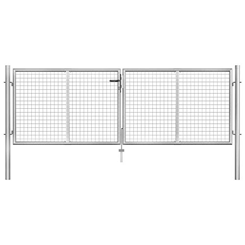 SOULONG 306 x 125 cm Garden Door Entry Gate Double Wing Garden Gate with 2 Posts Garden Gate Fence Door for Garden Patio Yard Galvanised Steel Silver