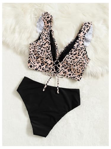 MakeMeChic Women's Leopard Print Bikini Set V Neck Ruffle Lace Up Bathing Suit Swimwear2